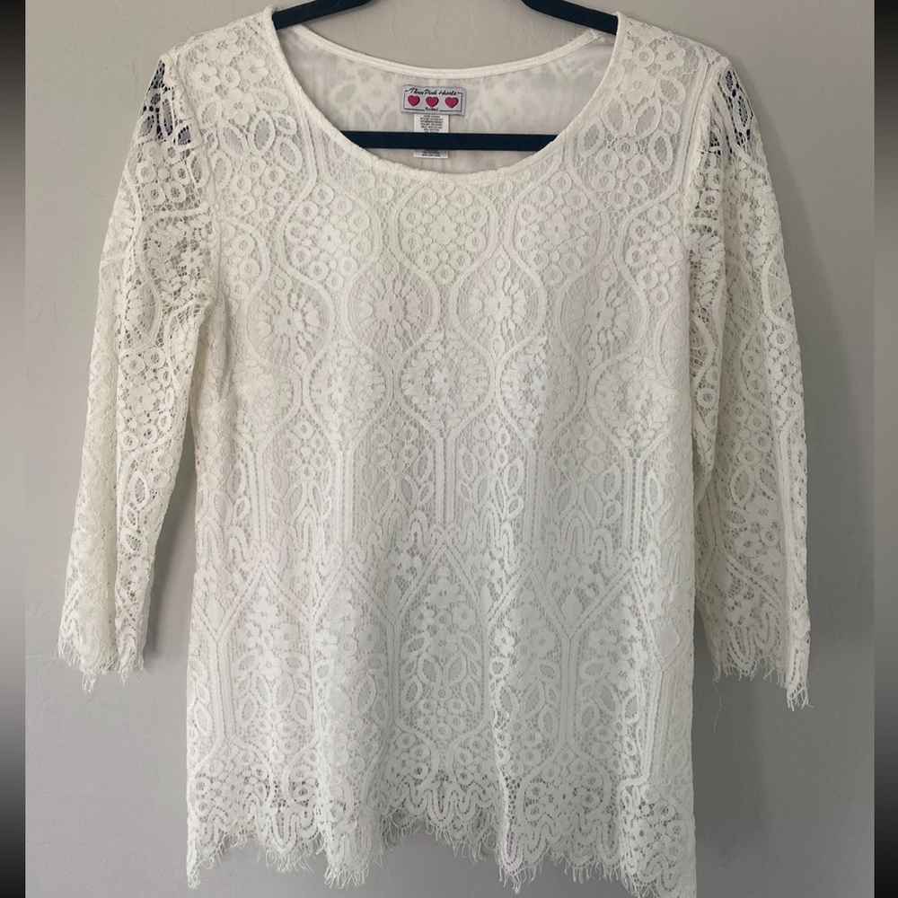 White Lace Overlap Three Pink Hearts Blouse with 3/4 Sleeves/ Size Large